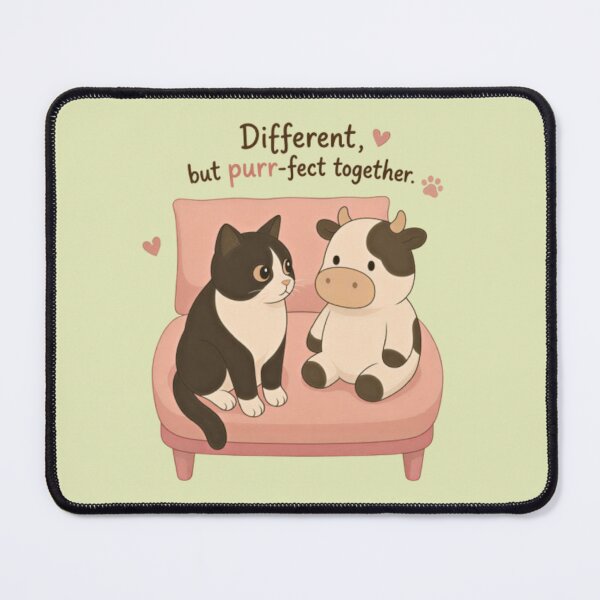 Item preview, Different But Purr-fect Together – Tuxedo Cat & Stuffed Cow Kawaii Art designed and sold by SammyMorry.