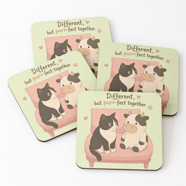 Item preview, Different But Purr-fect Together – Tuxedo Cat & Stuffed Cow Kawaii Art designed and sold by SammyMorry.