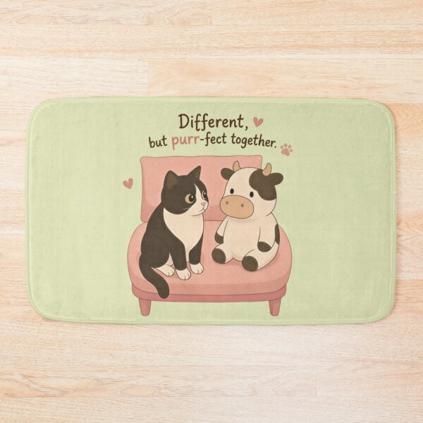 Item preview, Different But Purr-fect Together – Tuxedo Cat & Stuffed Cow Kawaii Art designed and sold by SammyMorry.