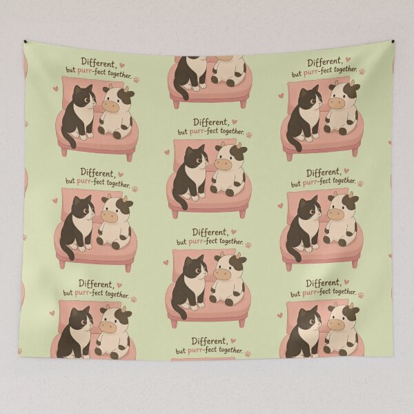 Item preview, Different But Purr-fect Together – Tuxedo Cat & Stuffed Cow Kawaii Art designed and sold by SammyMorry.