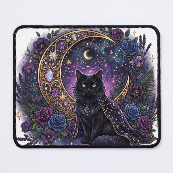 Item preview, Mystical Black Cat Moon & Floral Celestial Witchcore Artwork | Gothic Boho Cat Design designed and sold by Madhav Creations Studio.