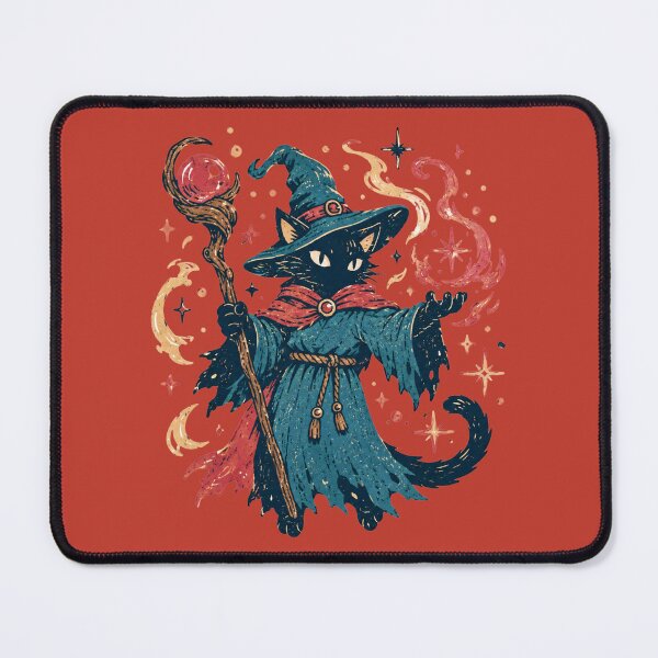 Item preview, Black Cat Wizard Witch Hat Magic Staff Fantasy Retro designed and sold by bosamji.