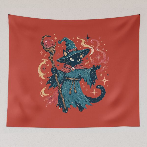 Item preview, Black Cat Wizard Witch Hat Magic Staff Fantasy Retro designed and sold by bosamji.