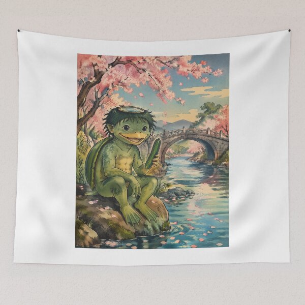 Item preview, Kappa Yokai with Cucumber Under Sakura Blossoms – Cute Japanese Folklore River Spirit designed and sold by kaxymax.
