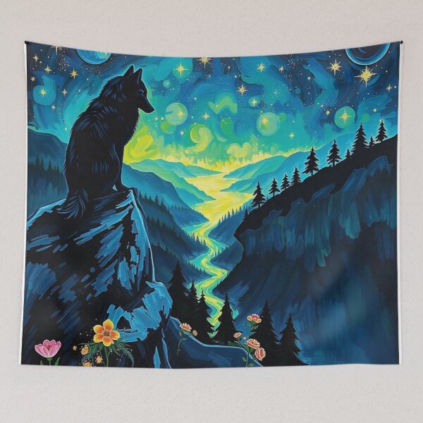 Item preview, Starry Night Wolf Painting – Mystical Mountain Landscape designed and sold by Tama-sirth.