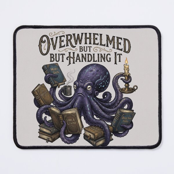 Item preview, Overwhelmed But Handling It Octopus Holding Eight Books Gothic designed and sold by Retro Mood Co.