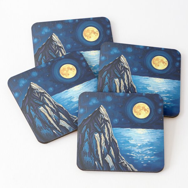 Item preview, Full Moon Mountain Painting – Night Ocean Landscape designed and sold by Tama-sirth.