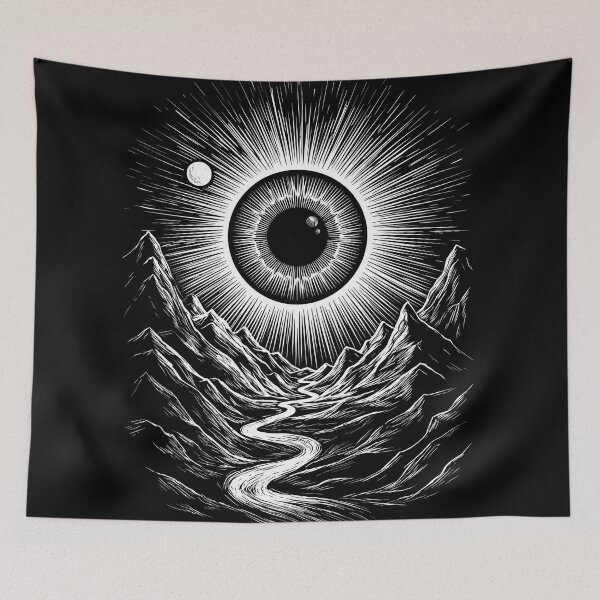 Item preview, Cosmic Sunburst Mountain Valley Landscape Path Sketch designed and sold by rediscoveredapp.