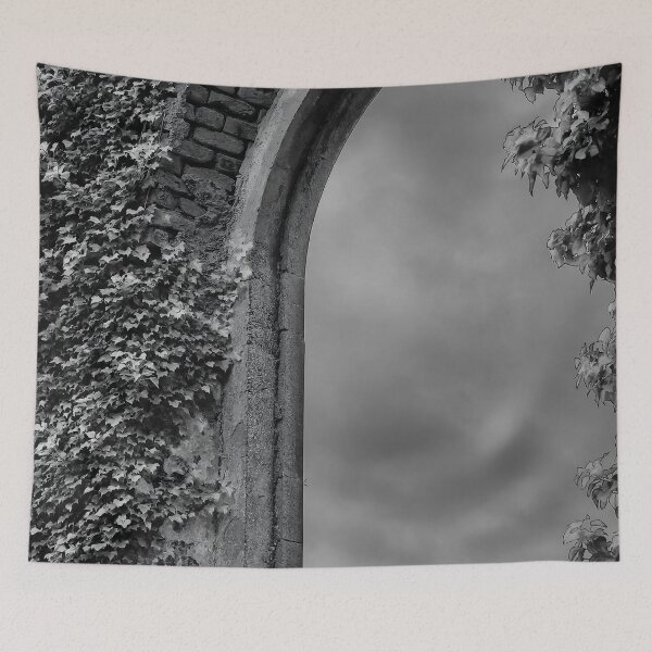 Item preview, 19th Century Church Ruins in Killenummery Leitrim Ireland – Gothic Arch Ivy Covered Stone Ruin Black and White Photography designed and sold by ivon55.