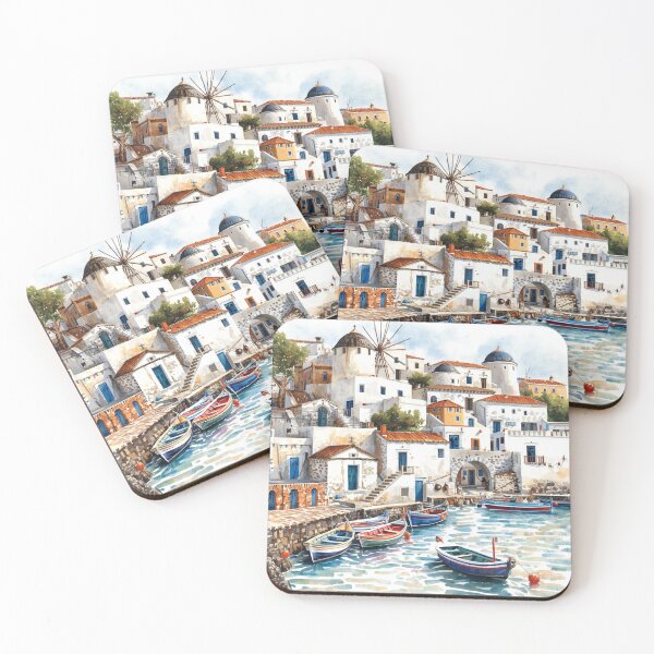 Item preview, Greek Island Harbor Watercolor | Mediterranean Coastal Art designed and sold by Ioanna-Studio.