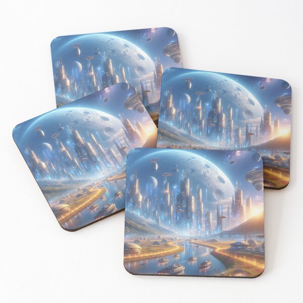 Item preview, Futuristic Alien Cityscape with Spaceships and Moon designed and sold by IRON SIREN.