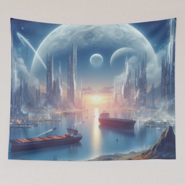 Item preview, Futuristic Spaceport City with Alien Moons and Ships designed and sold by IRON SIREN.