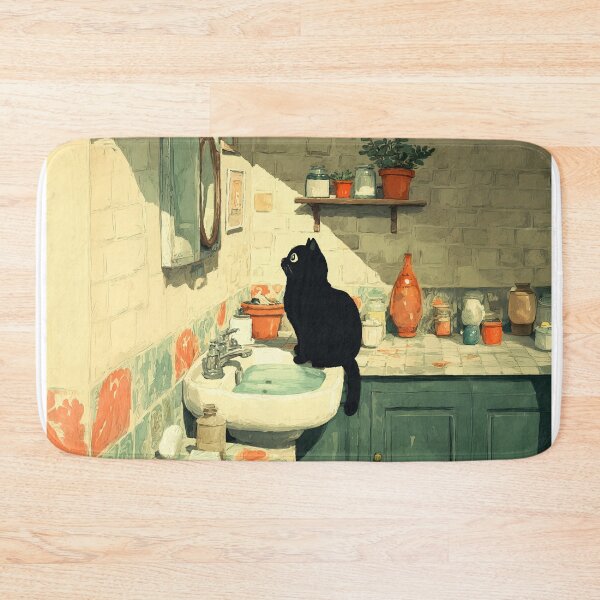 Item preview, Black Cat Staring at the Bathroom Mirror designed and sold by Erika Kaisersot.