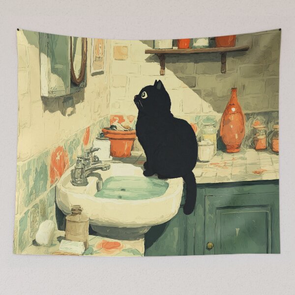 Item preview, Black Cat Staring at the Bathroom Mirror designed and sold by Erika Kaisersot.