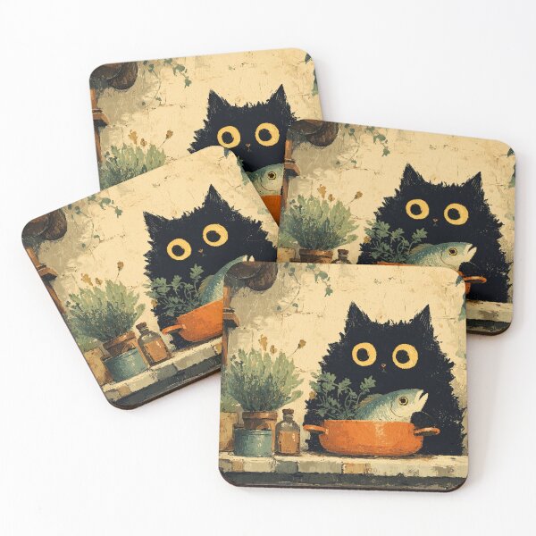 Item preview, Black Cat Cooking Fish in Orange Pot designed and sold by Erika Kaisersot.