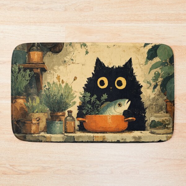 Item preview, Black Cat Cooking Fish in Orange Pot designed and sold by Erika Kaisersot.