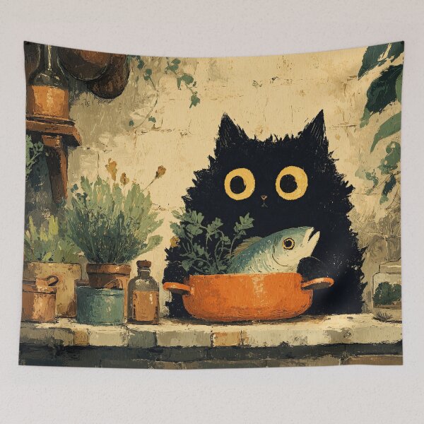 Item preview, Black Cat Cooking Fish in Orange Pot designed and sold by Erika Kaisersot.