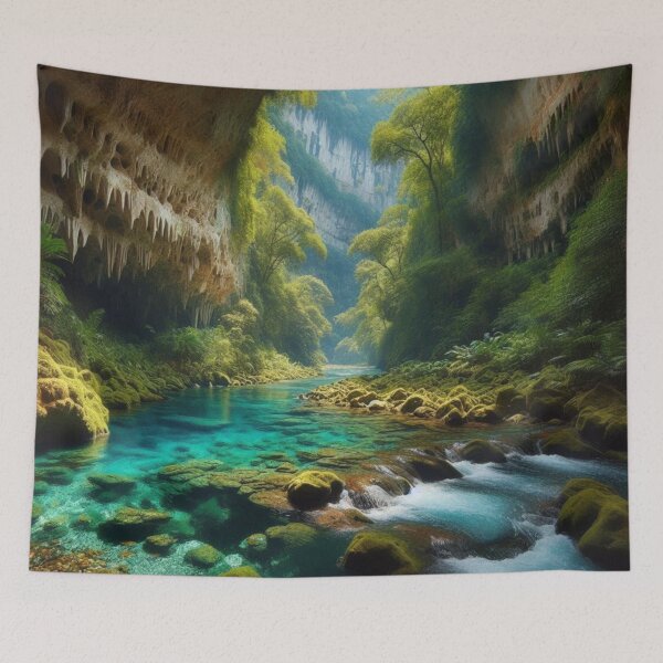 Item preview, Title Hidden Cave River Paradise | Turquoise Water Canyon Wall Art designed and sold by IRON SIREN.