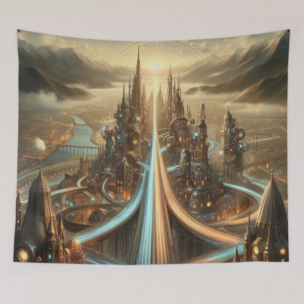 Item preview, Golden Steampunk City | Fantasy Futuristic Metropolis Wall Art designed and sold by IRON SIREN.