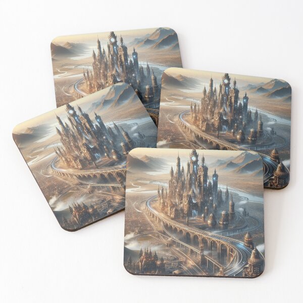 Item preview, Steampunk Clock Tower City | Golden Hour Futuristic Metropolis Wall Art designed and sold by IRON SIREN.