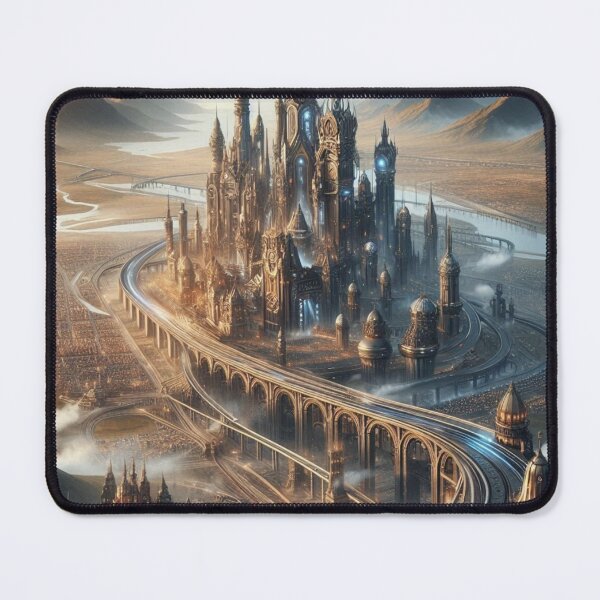 Item preview, Steampunk Clock Tower City | Golden Hour Futuristic Metropolis Wall Art designed and sold by IRON SIREN.