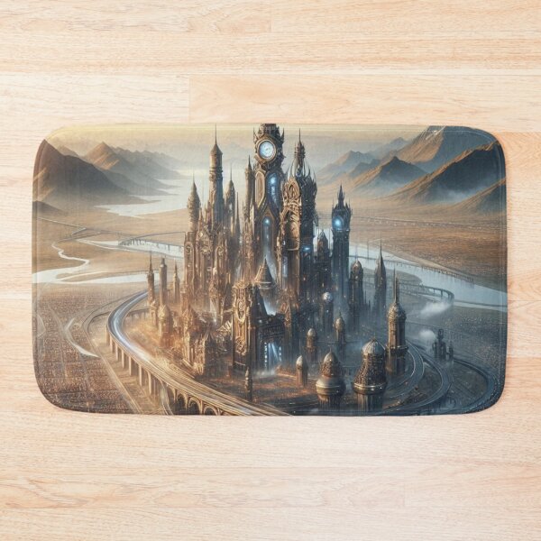 Item preview, Steampunk Clock Tower City | Golden Hour Futuristic Metropolis Wall Art designed and sold by IRON SIREN.