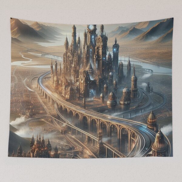 Item preview, Steampunk Clock Tower City | Golden Hour Futuristic Metropolis Wall Art designed and sold by IRON SIREN.