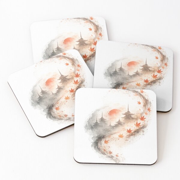 Item preview, Autumn Spiral — Japanese Pagodas at Red Sunset Ink Art designed and sold by Cyber Kitsune.
