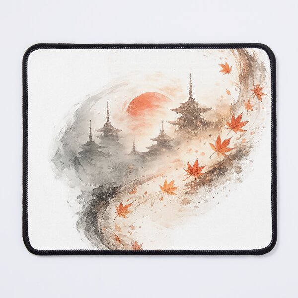 Item preview, Autumn Spiral — Japanese Pagodas at Red Sunset Ink Art designed and sold by Cyber Kitsune.
