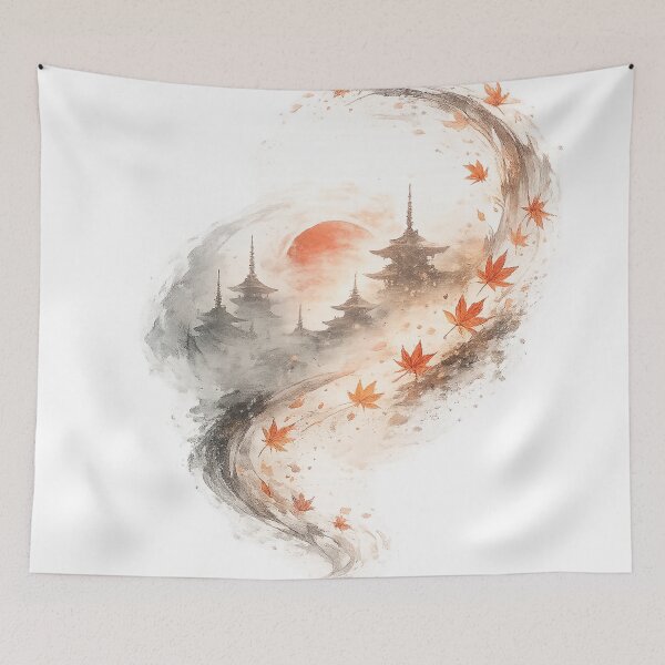 Item preview, Autumn Spiral — Japanese Pagodas at Red Sunset Ink Art designed and sold by Cyber Kitsune.