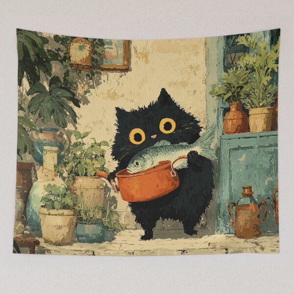 Item preview, Black Cat With Fish in Kitchen designed and sold by Erika Kaisersot.