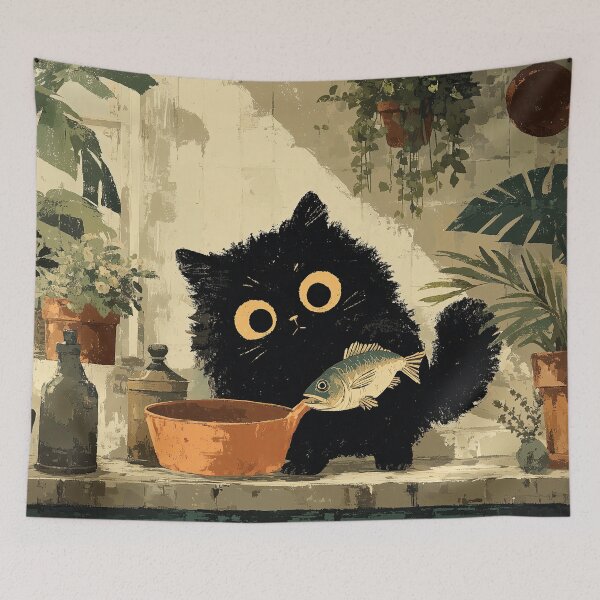 Item preview, Black Cat Adding Fish to Pot designed and sold by Erika Kaisersot.