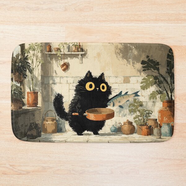 Item preview, Black Cat Holding Fish in Kitchen designed and sold by Erika Kaisersot.