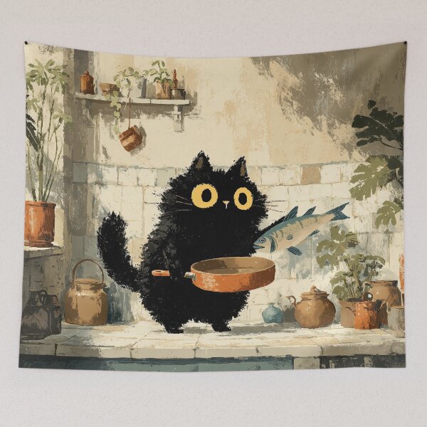 Item preview, Black Cat Holding Fish in Kitchen designed and sold by Erika Kaisersot.