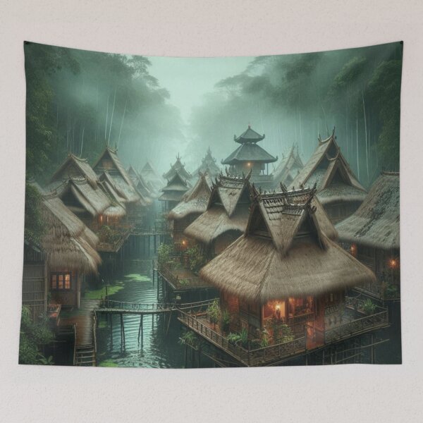 Item preview, Mist Village Stilt Houses | Rainforest Eco Lodge Wall Art | Liminal Space designed and sold by IRON SIREN.