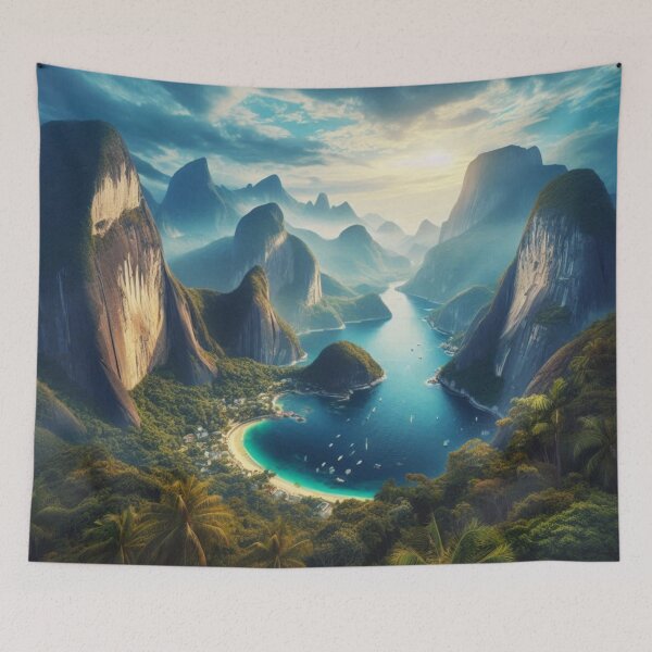 Item preview, Tropical Bay Mountain Paradise | Hidden Beach Eco Resort | Liminal Landscape Art designed and sold by IRON SIREN.