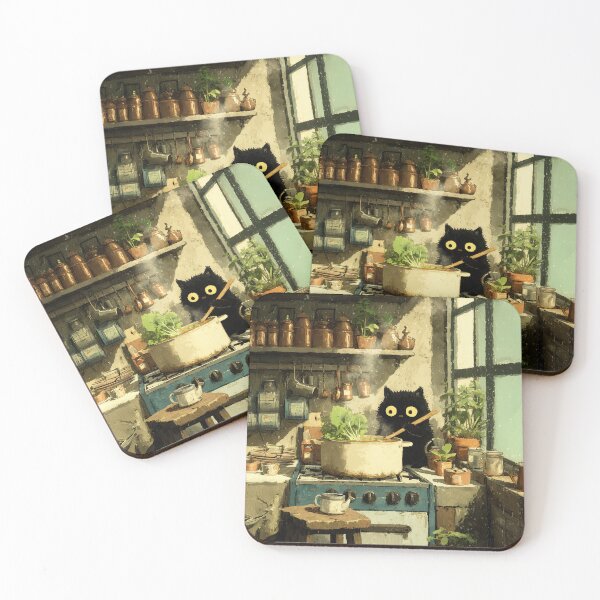 Item preview, Black Cat Stirring Soup in Cozy Kitchen designed and sold by Erika Kaisersot.
