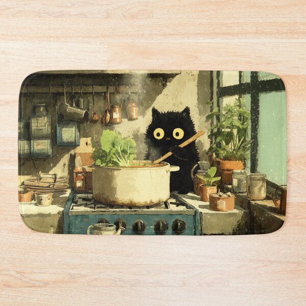Item preview, Black Cat Stirring Soup in Cozy Kitchen designed and sold by Erika Kaisersot.