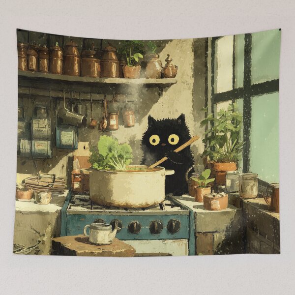 Item preview, Black Cat Stirring Soup in Cozy Kitchen designed and sold by Erika Kaisersot.