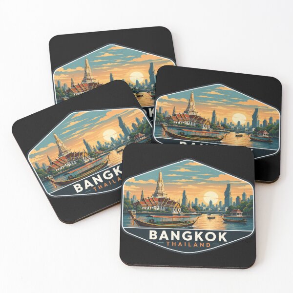 Item preview, Bangkok Thailand Riverfront Heritage Badge | Temple & Skyline Sunset Illustration designed and sold by CosmicAnomaly.