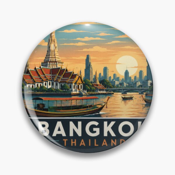Item preview, Bangkok Thailand Riverfront Heritage Badge | Temple & Skyline Sunset Illustration designed and sold by CosmicAnomaly.