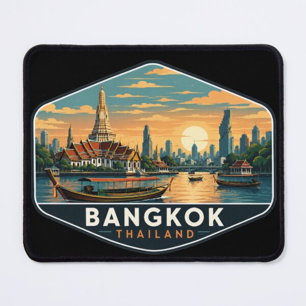 Item preview, Bangkok Thailand Riverfront Heritage Badge | Temple & Skyline Sunset Illustration designed and sold by CosmicAnomaly.