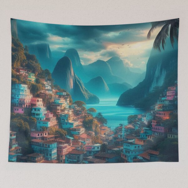 Item preview, Colorful Hillside Village | Tropical Mountain Bay | Brazil Travel Art designed and sold by IRON SIREN.