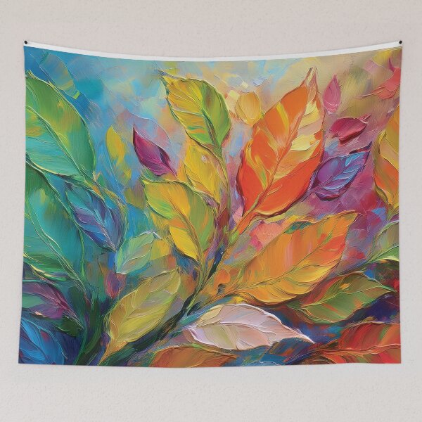 Item preview, Rainbow Warm and cosy Autumn leaves colours, VINTAGE leaf textured botanicals oil painting, burnt orange and teal green, leaf pattern autumn painting  designed and sold by navitalidesign.