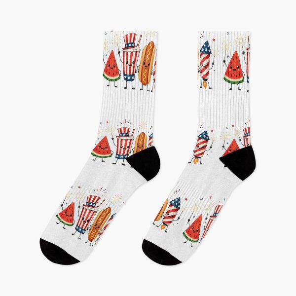 Item preview, Cute Fourth of July Food Characters – Patriotic Hot Dog Watermelon Fireworks Design designed and sold by DoodloraStudio.