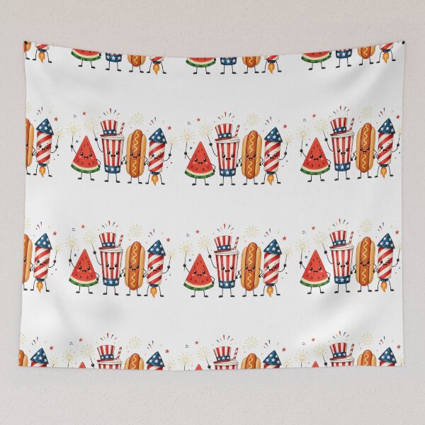 Item preview, Cute Fourth of July Food Characters – Patriotic Hot Dog Watermelon Fireworks Design designed and sold by DoodloraStudio.
