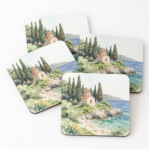 Item preview, Mediterranean Chapel Watercolor | Coastal Greek Church Landscape Art Print designed and sold by Ioanna-Studio.