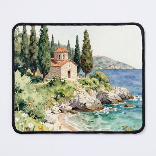 Item preview, Mediterranean Chapel Watercolor | Coastal Greek Church Landscape Art Print designed and sold by Ioanna-Studio.