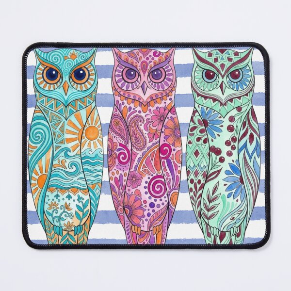 Artikelvorschau, Lebendige sommerliche Aquarell-Eulen-Illustration im abstrakten Boho-Stil (Trio) entworfen und verkauft von VibranPalette.
