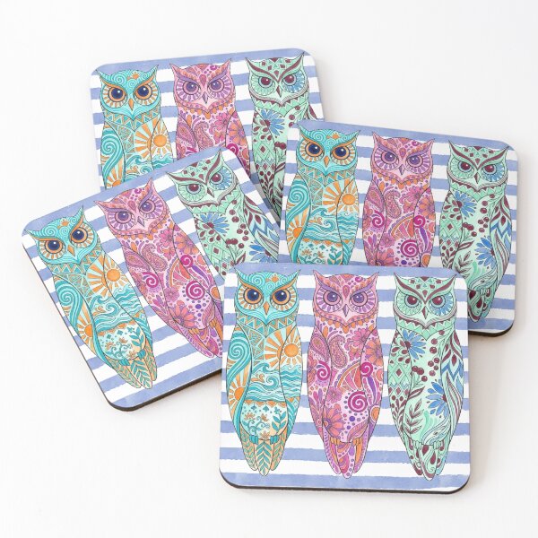 Item preview, Vibrant Summer Watercolor Owls Abstract Boho Trio Illustration designed and sold by VibranPalette.